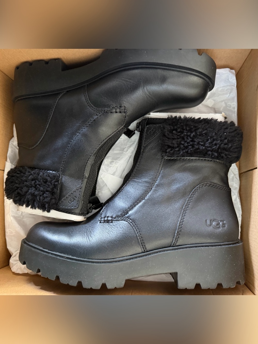 UGG Black Leather Shearling-Trim Lug Sole Ankle Boots